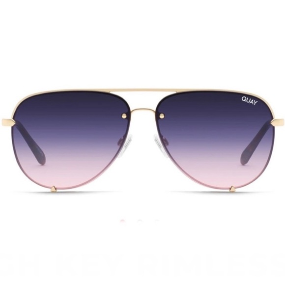 QUAY High Key Sunglasses Gold Rimless Frame Pink Navy Lens Aviators - Picture 6 of 6